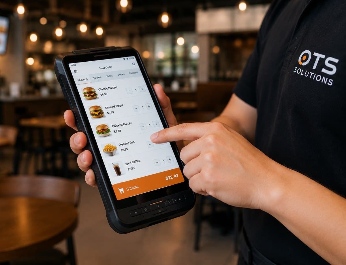 An OTS team member taking an order on a handheld terminal in a restaurant dining room
