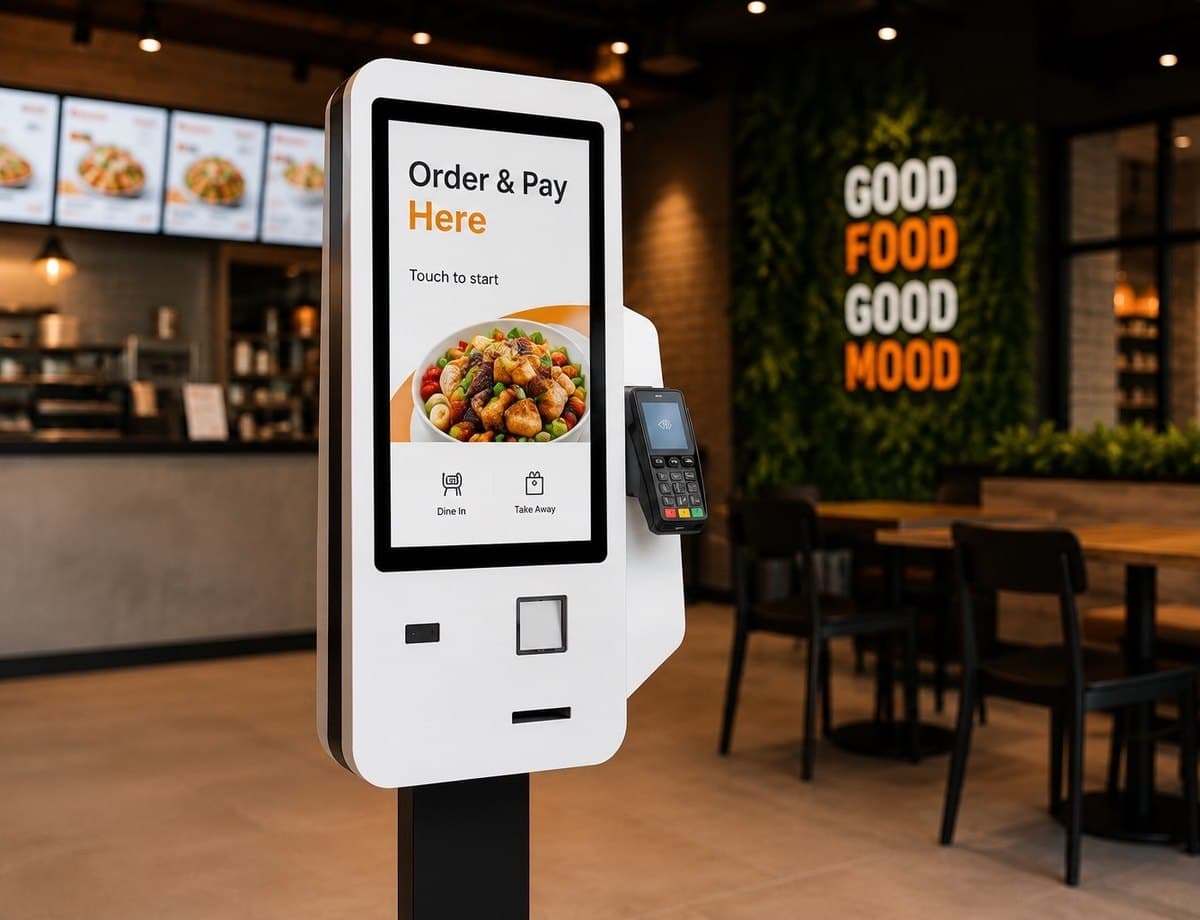 An OTS self-ordering kiosk with an attached card payment terminal in a restaurant