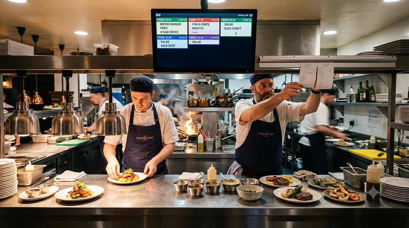 Chefs working the pass in a restaurant kitchen beneath a kitchen display screen showing live order tickets